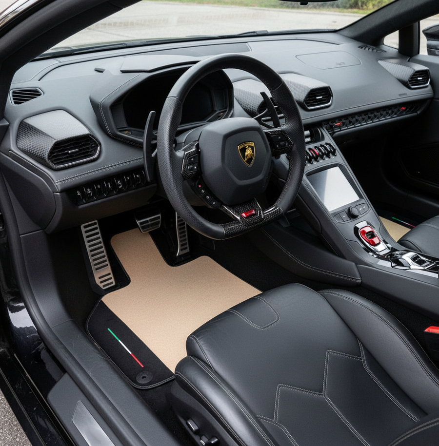 Skreddersydde Beige Bilmatter for Lamborghini Huracan EVO med Alcantara Skinn