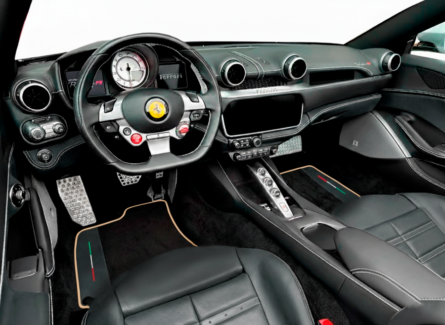 Svarte bilmatter til Ferrari Portofino (2018-2023) med lær og beige kant