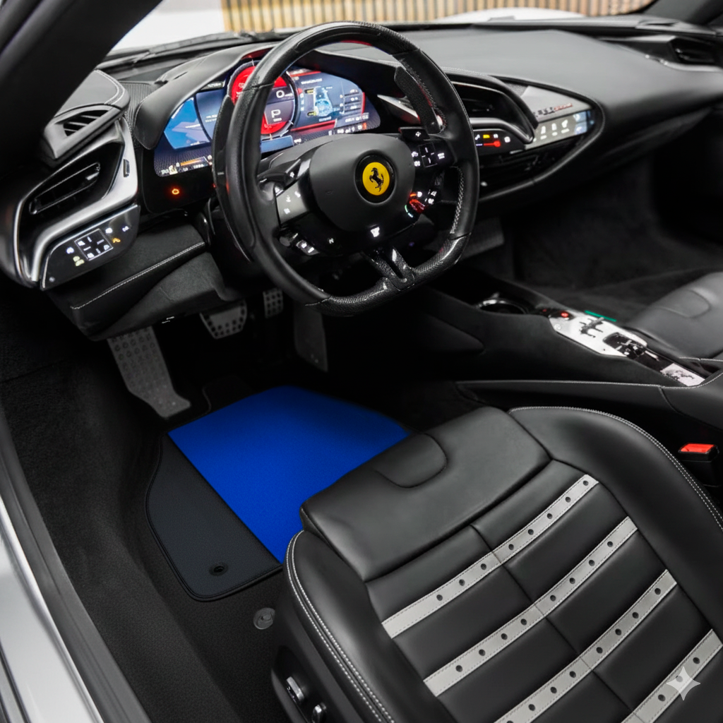 Blaue Fußmatten für Ferrari SF90 Stradale (2019-2024) mit Leder