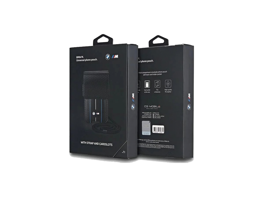 BMW M Series Universal Phone Pouch – Carbon & Blue Stripes | Black, Eco-Leather & Nylon