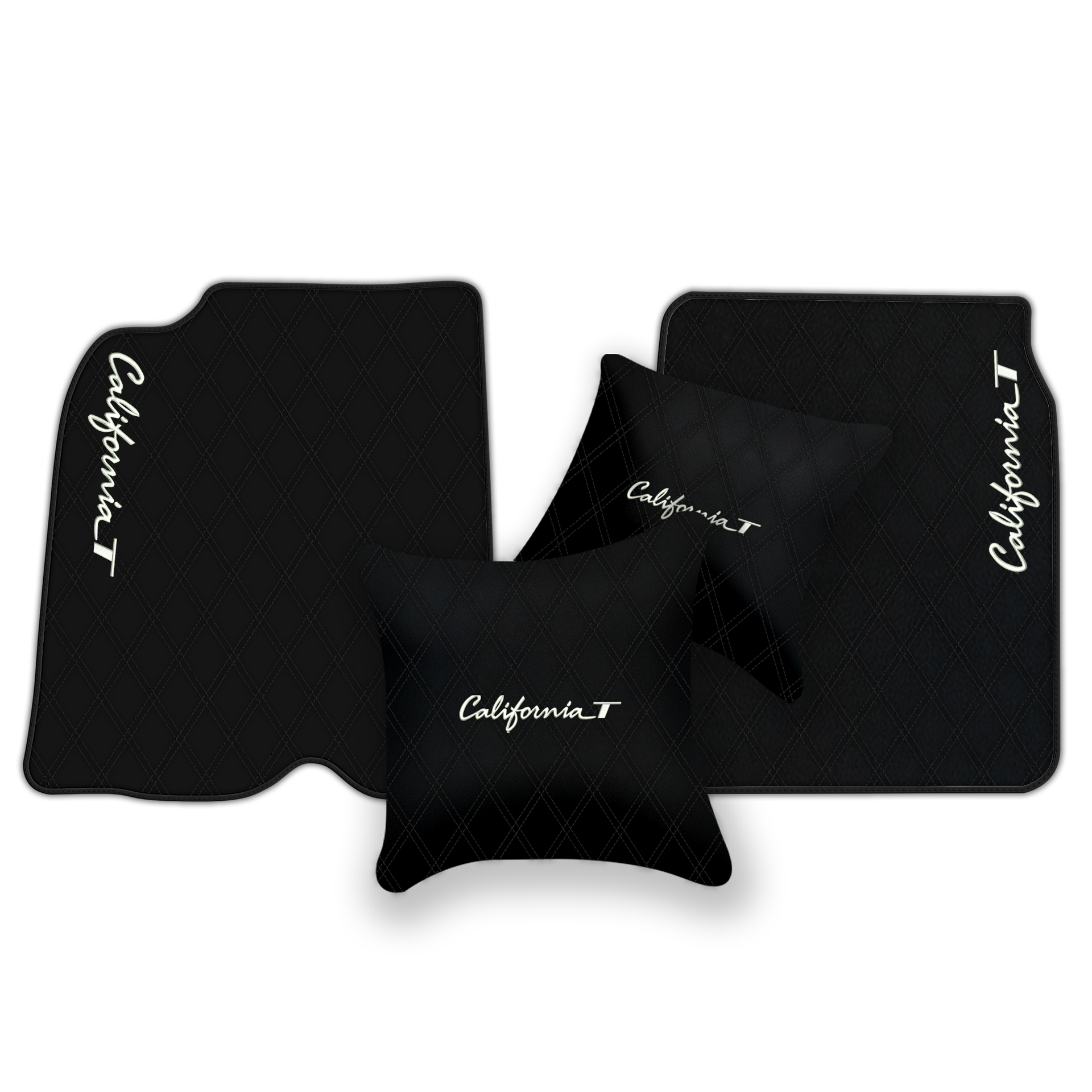 Schwarze Leder-Fußmatten für Ferrari California T (2015-2018) mit Doppelrautenmuster | Komplettset-Option - AutoWin