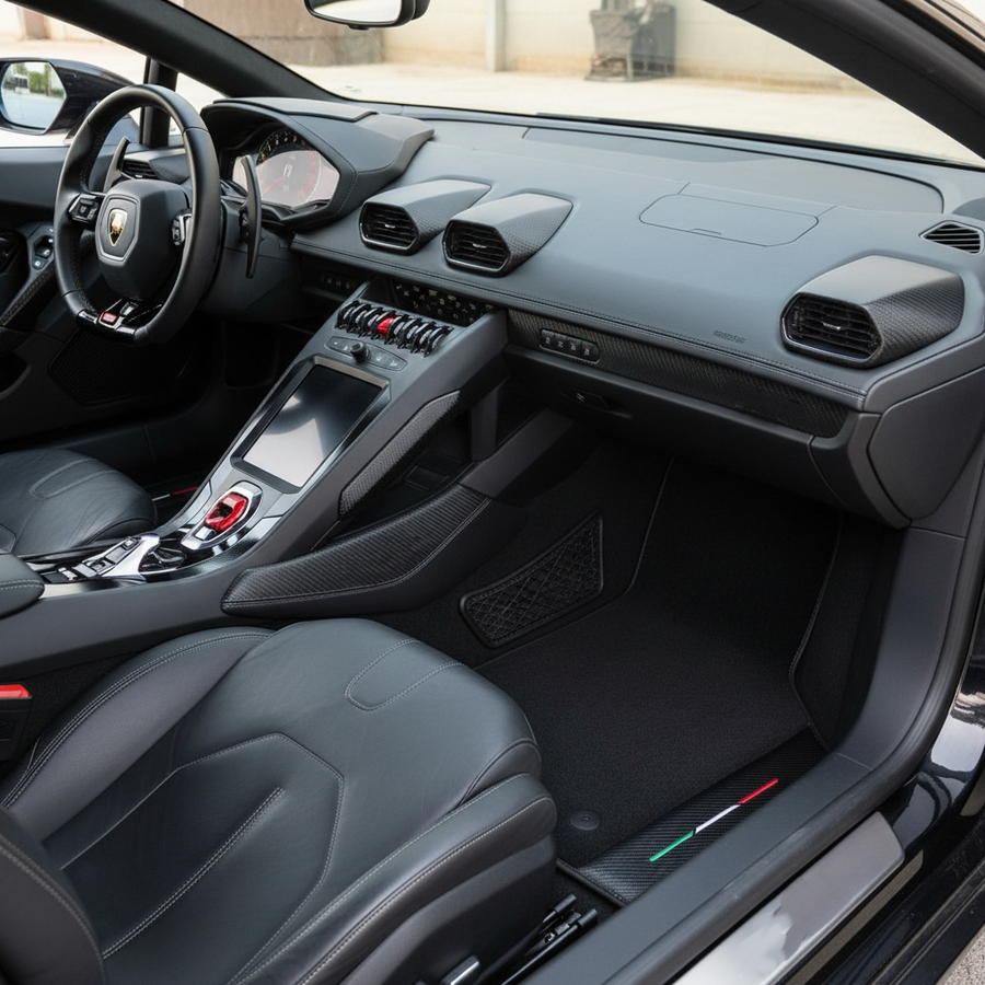 Schwarze, maßgefertigte Fußmatten für Lamborghini Huracan STO mit Carbonfaser-Leder