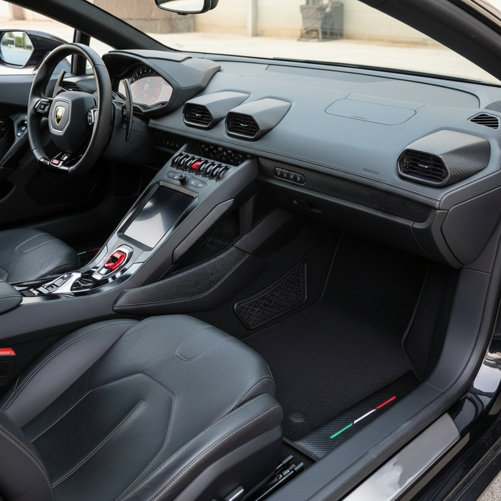 Maßgefertigte schwarze Fußmatten für Lamborghini Huracan mit Carbonfaser-Leder