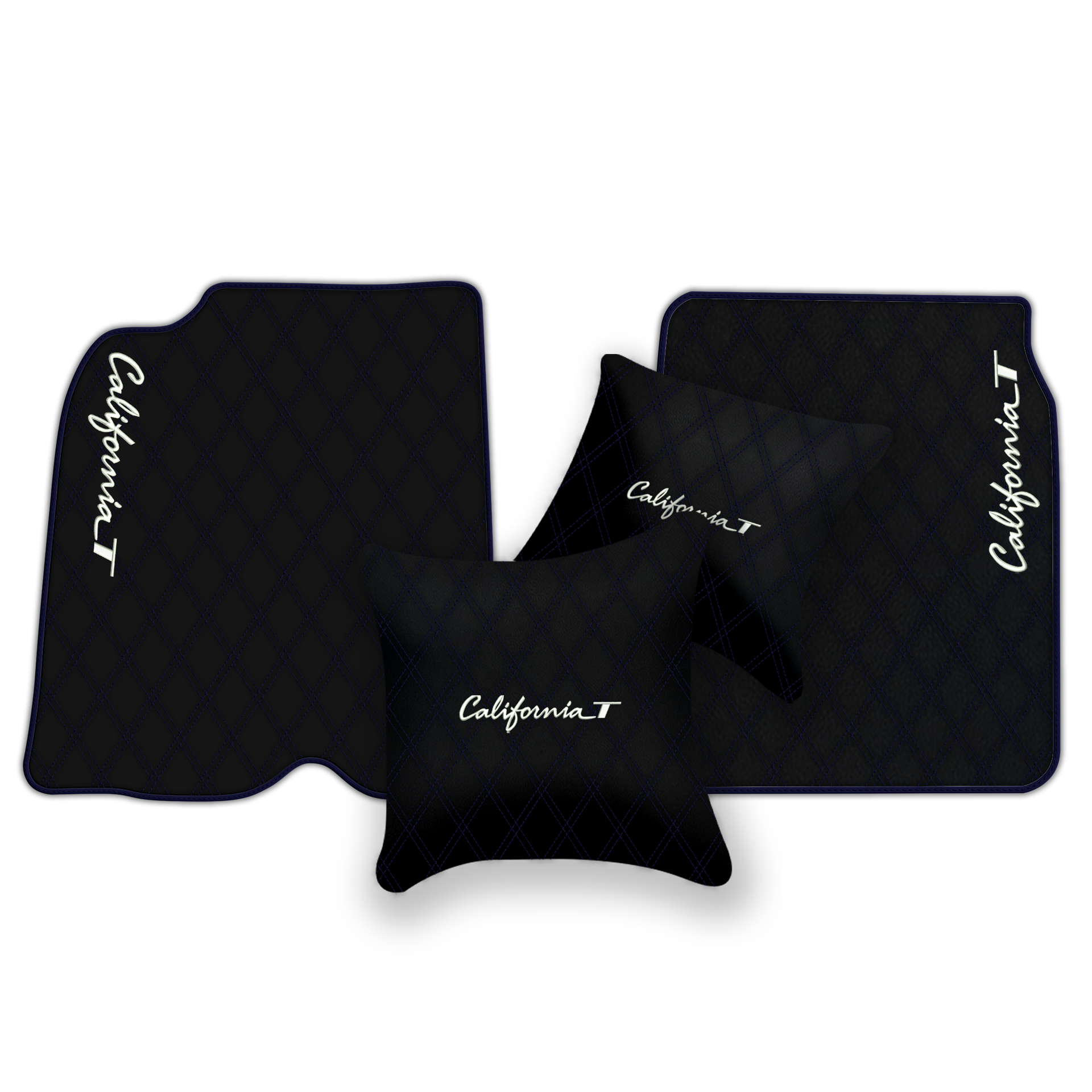 Schwarze Leder-Fußmatten für Ferrari California T (2015-2018) mit Doppelrautenmuster | Komplettset-Option - AutoWin