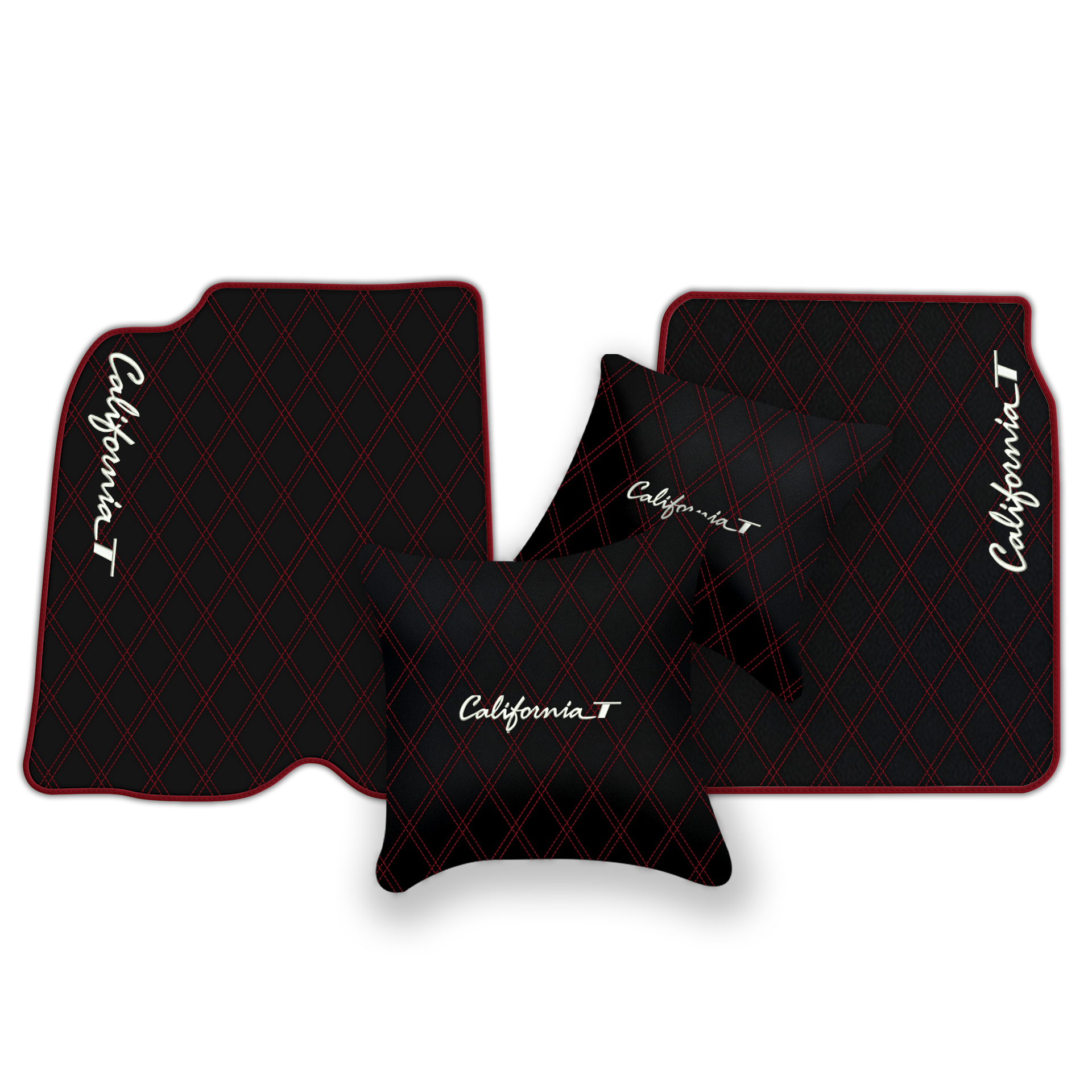 Schwarze Leder-Fußmatten für Ferrari California T (2015-2018) mit Doppelrautenmuster | Komplettset-Option - AutoWin