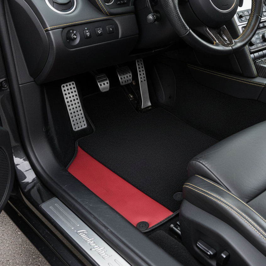 Egendefinerte svarte bilmatter for Lamborghini Gallardo med rød skinn