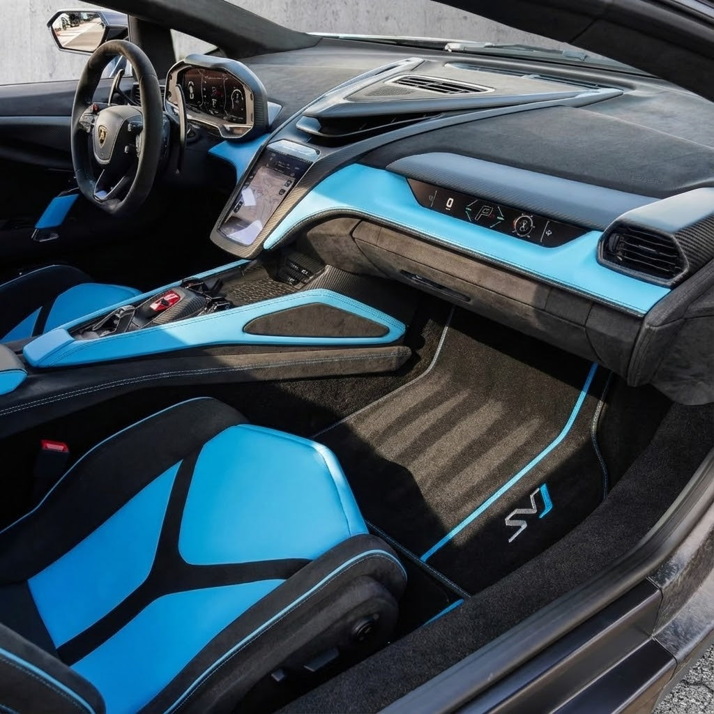 Black Floor Mats for Lamborghini Aventador SVJ with Alcantara Leather