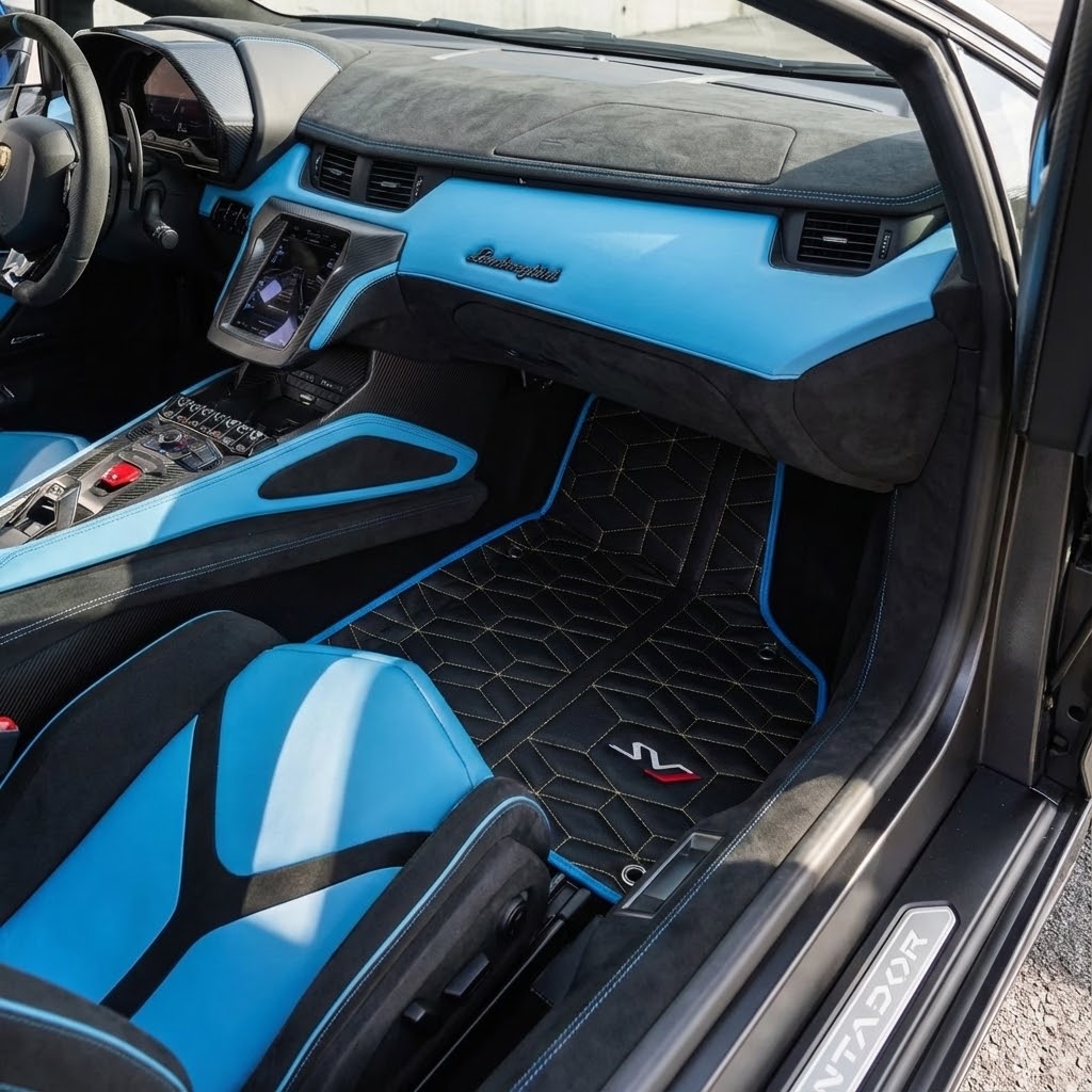 Leather Floor Mats for Lamborghini Aventador SVJ Limited Edition with Blue Trim