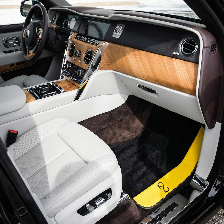 Schwarze Fußmatten für Rolls Royce Black Badge Cullinan Gelbes Leder