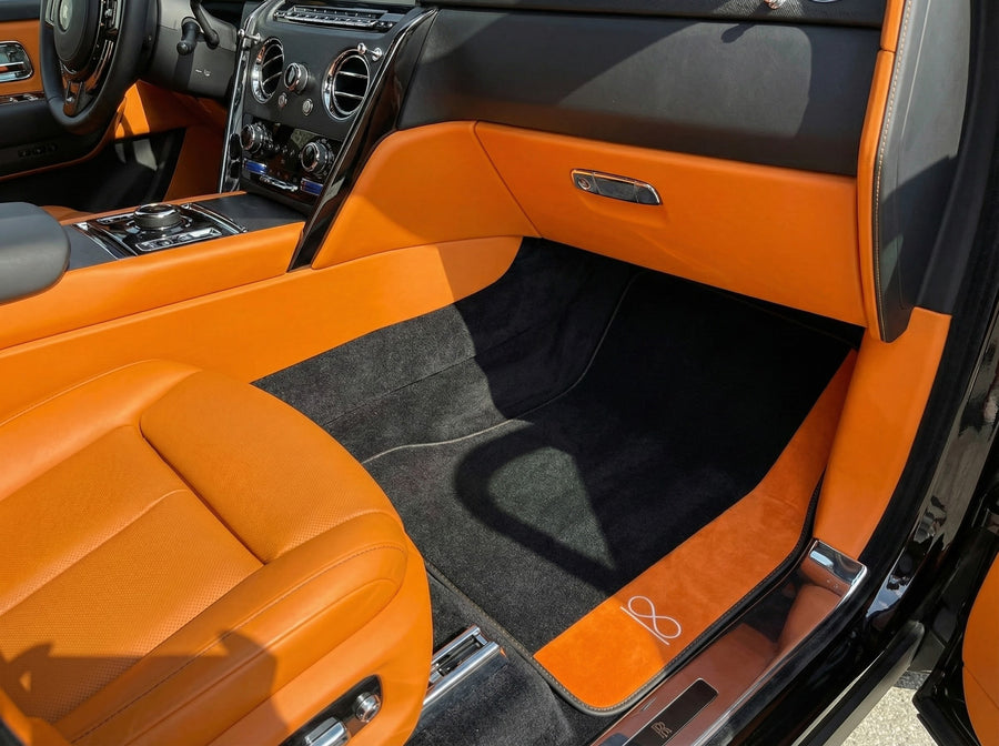 Svarte Bilmatter For Rolls Royce Black Badge Cullinan Oransje Alcantara Lær