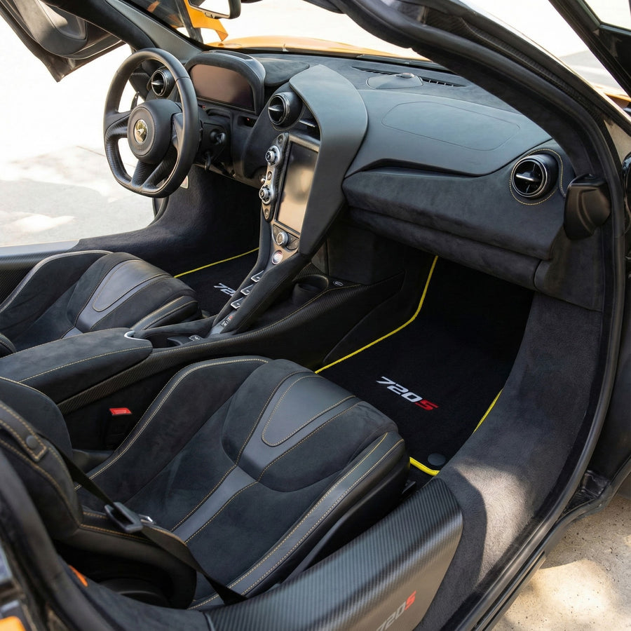 Bilmatter For McLaren 720S Svart Skreddersydd Med Gul Kant
