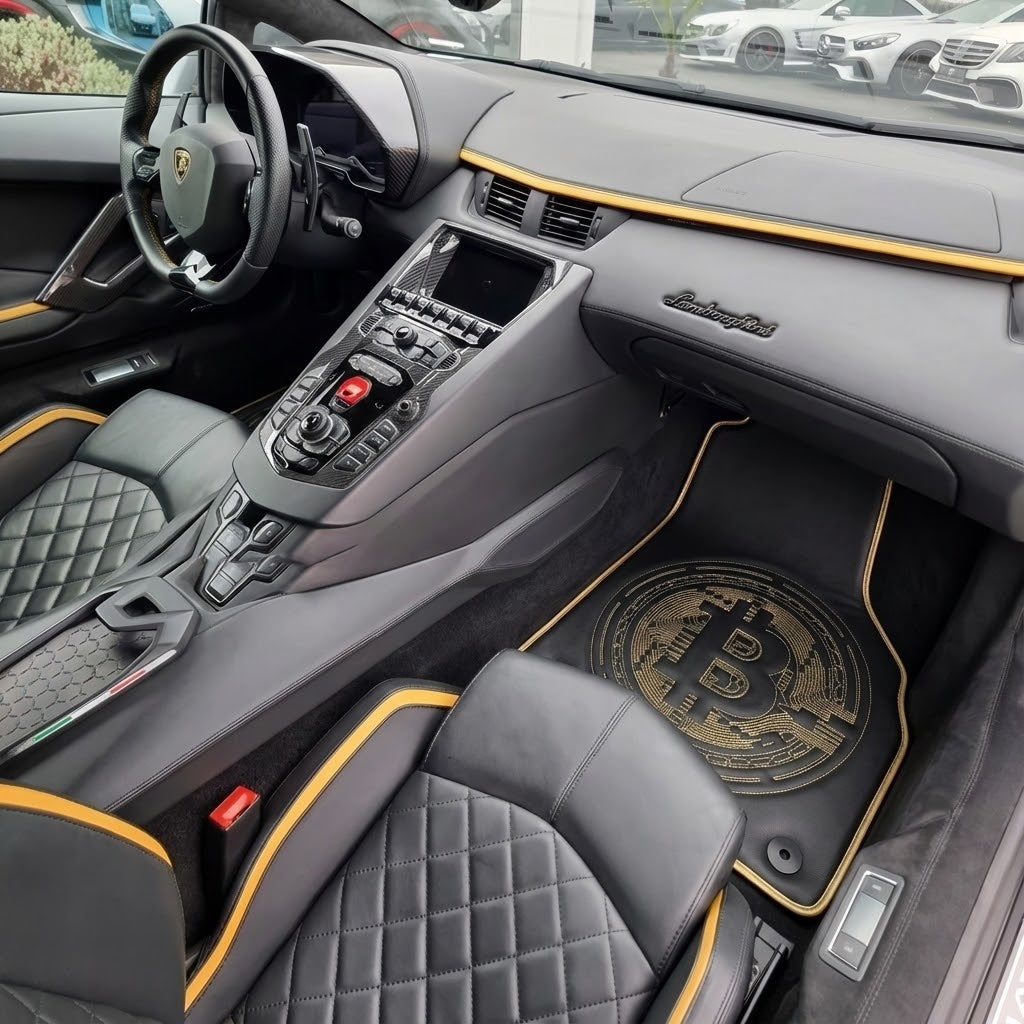 Læderbilmatte til Lamborghini Aventador med Bitcoin-broderi