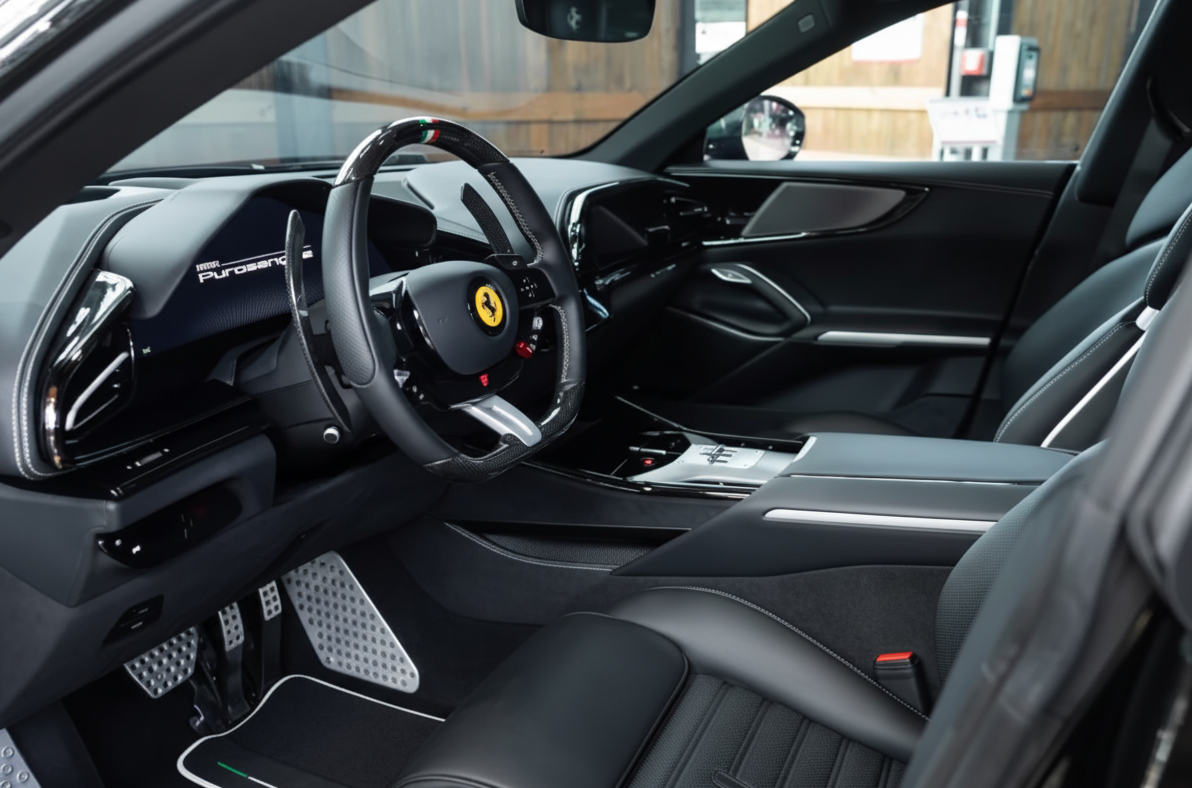 Black Floor Mats for Ferrari Purosangue with Leather and White Trim | Italian Edition