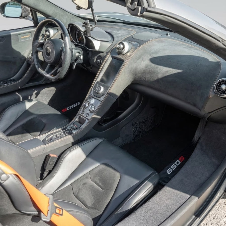 Schwarze Fußmatten für McLaren 650S, schwarz, maßgeschneidert mit Carbon-Leder