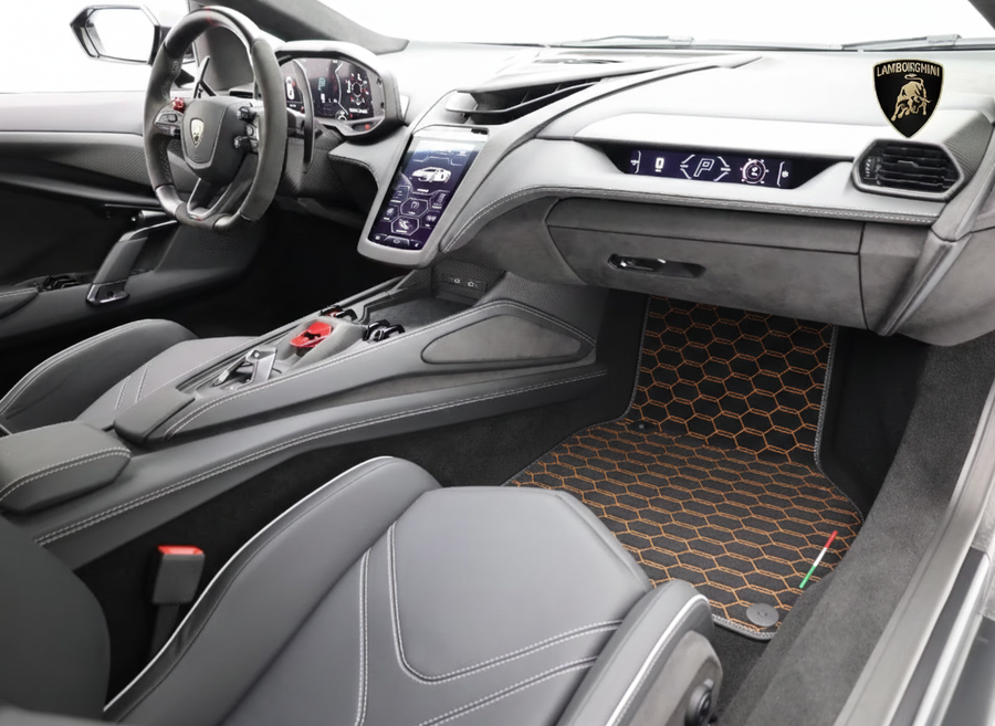 Svarte lærbilmatter for Lamborghini Revuelto (2024-2026) - Oransje søm