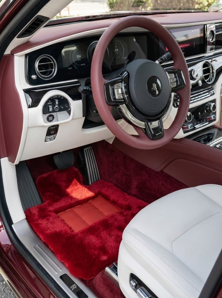 Røde Saueskinn Bilmatter for Rolls Royce Spectre (2023-2024) ER56 Design Merke
