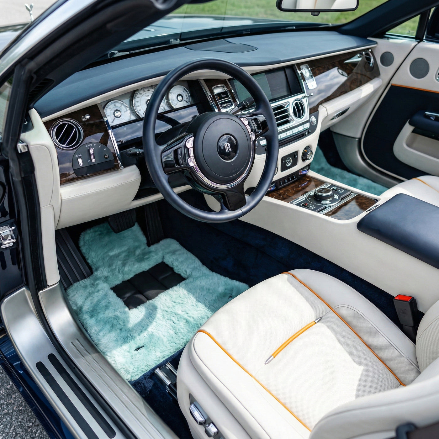 Tiffany blå saueskinns bilmatter for Rolls Royce Dawn RR6 2016-2023 ER56 Design