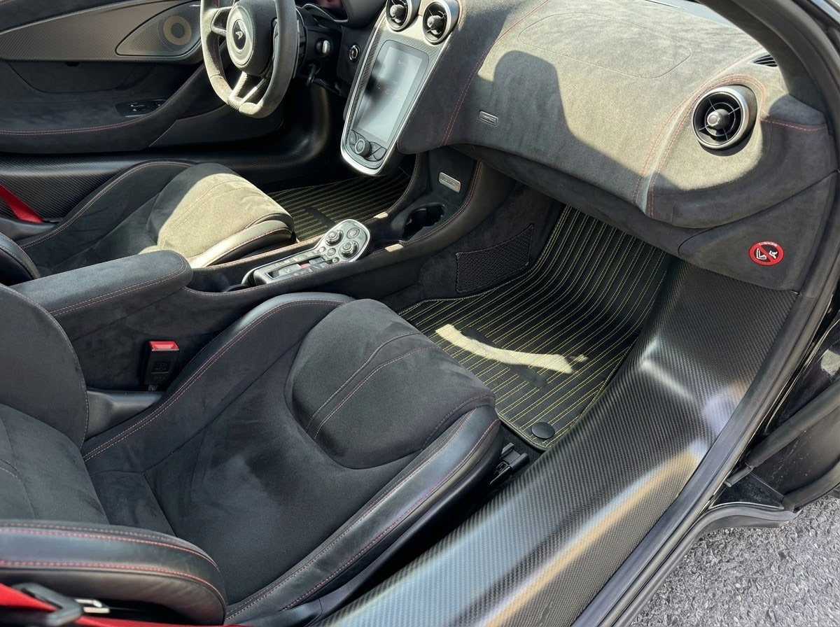 Leather Floor Mats for McLaren 600 LT (2018-2020) Black Tailored Yellow Sewing