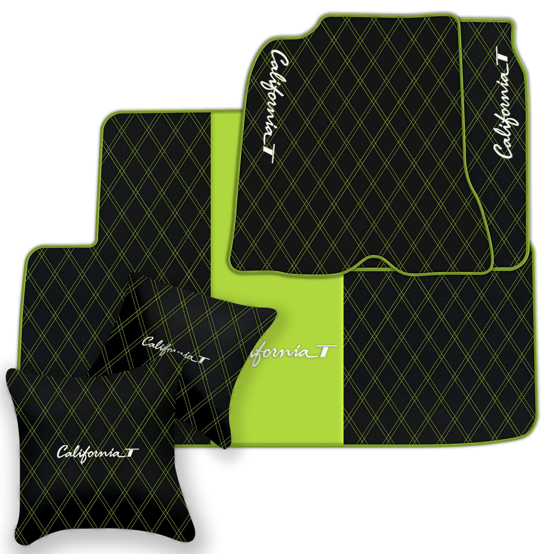 Schwarze Leder-Fußmatten für Ferrari California T (2015-2018) mit Doppelrautenmuster | Komplettset-Option - AutoWin