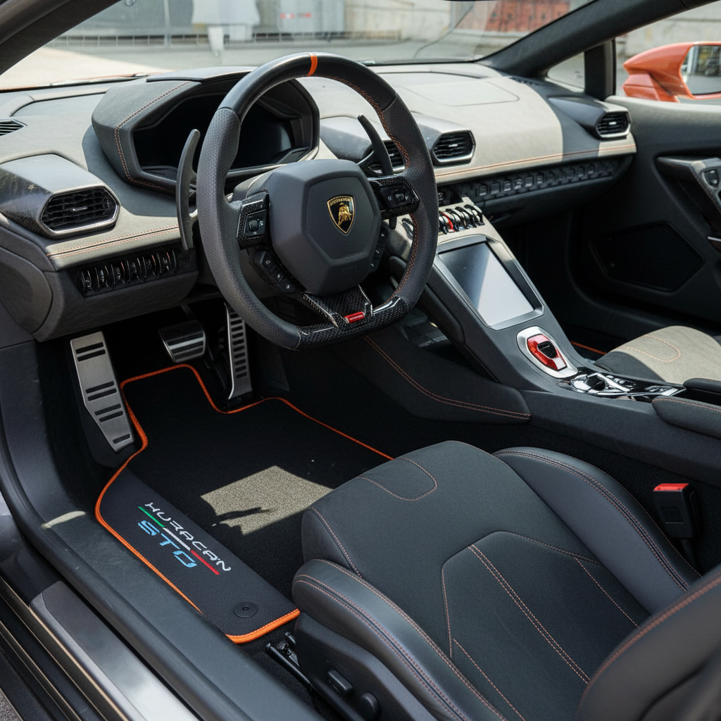 Schwarze Fußmatten für Lamborghini Huracan STO mit schwarzem Leder und orangefarbenem Rand