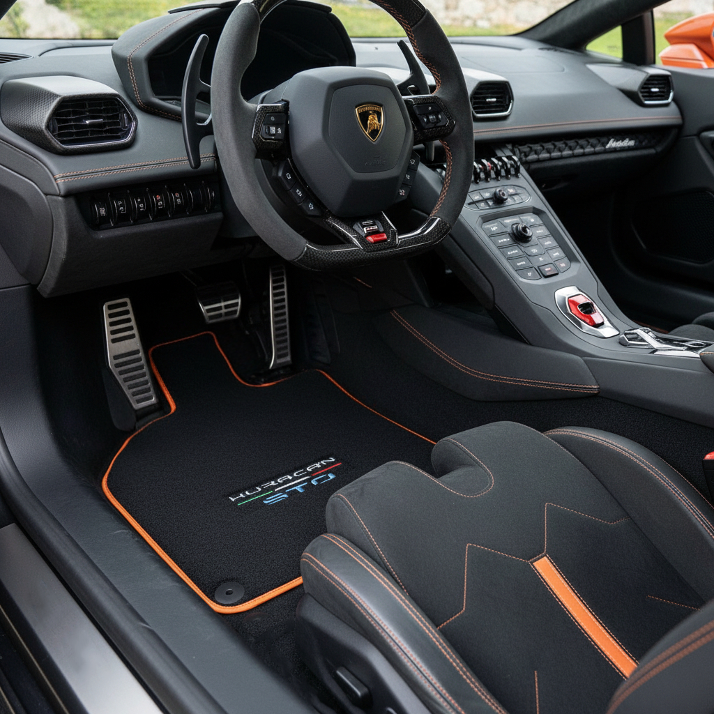 Schwarze Fußmatten für Lamborghini Huracan STO mit orangefarbenem Rand