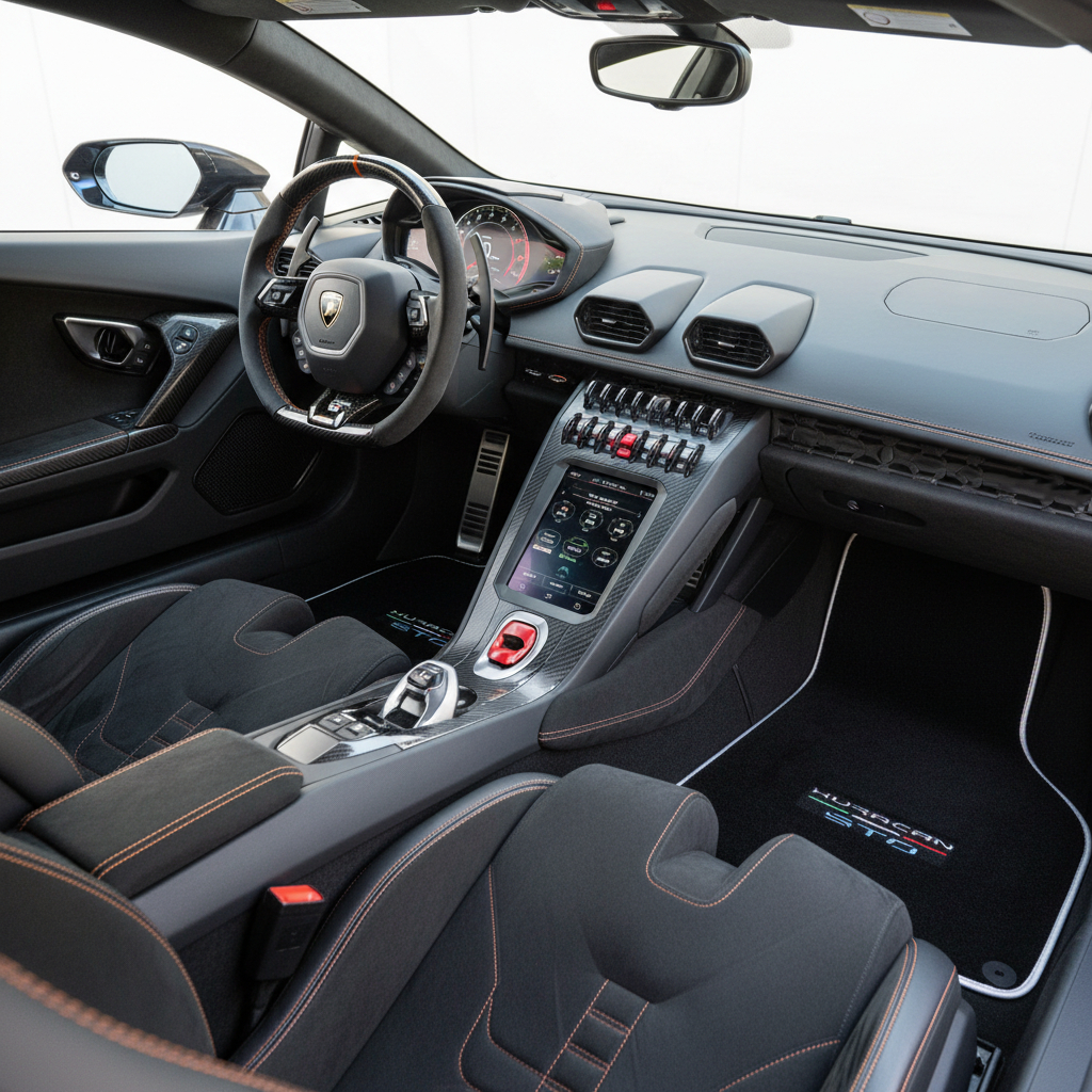 Black Carpet Floor Mats for Lamborghini Huracan STO with White Trim