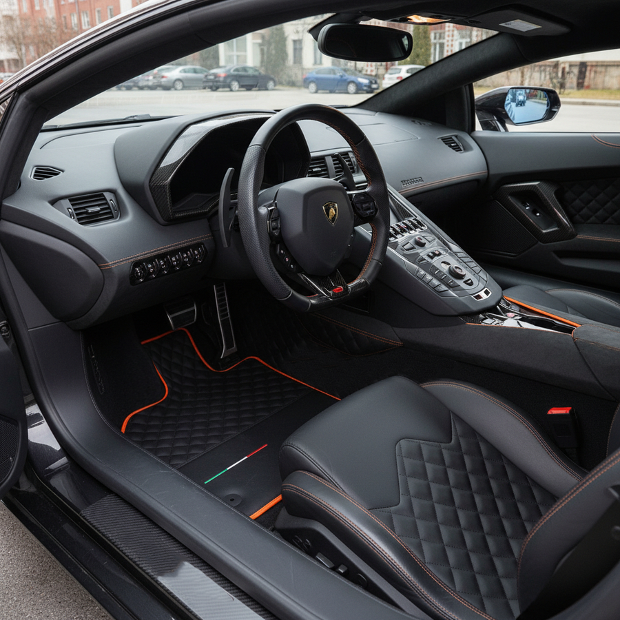 Tilpassbare svarte lærbilmatter for Lamborghini Aventador med oransje trim