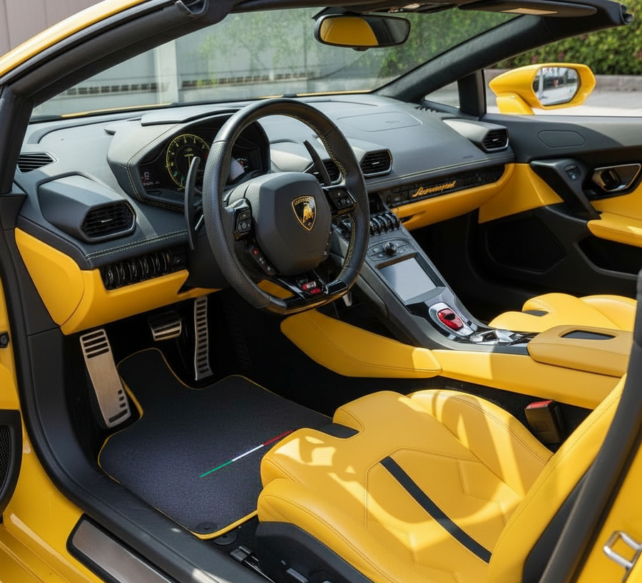Graue Fußmatten für Lamborghini Huracán Sterrato (2023-2024) mit italienischer Flagge | Gelbe Einfassung