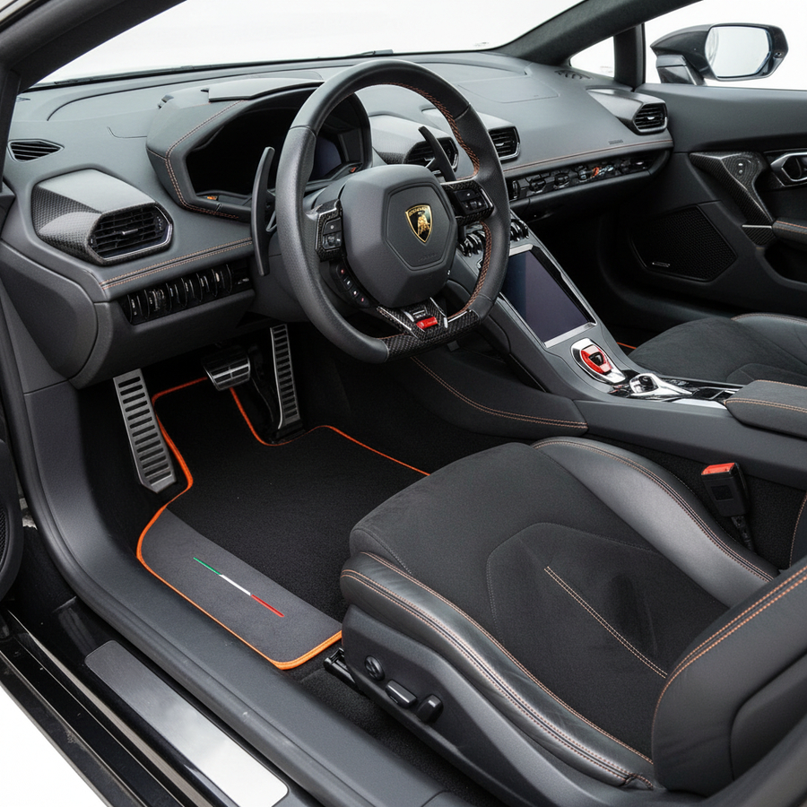 Maßgefertigte schwarze Fußmatten für Lamborghini Huracan STO mit schwarzem Leder und orangefarbenem Rand