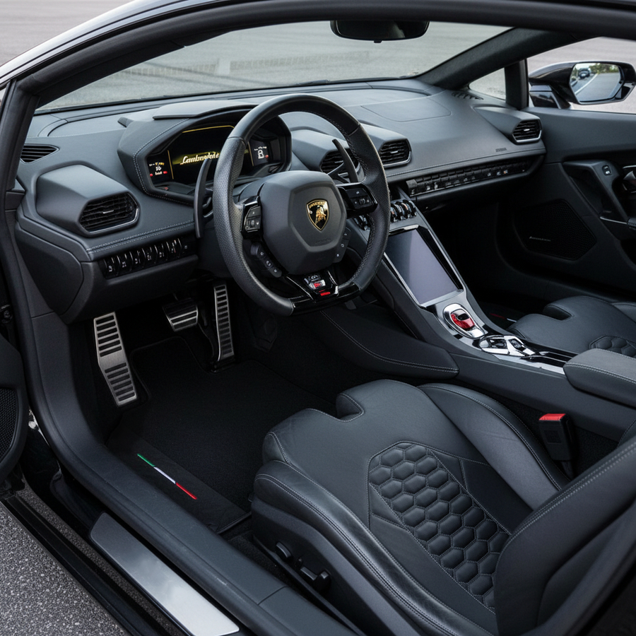 Svarte Bilmatter for Lamborghini Huracan STO med lær | Italiensk flagg