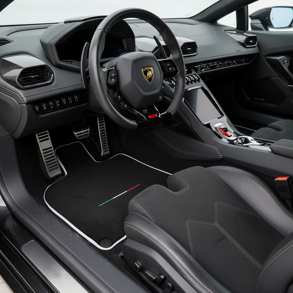 Black Floor Mats for Lamborghini Huracan EVO with Italian Flag | White Trim
