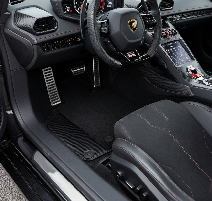 Skreddersydde svarte bilmatter for Lamborghini Huracan Sterrato (2023-2024) med karbonfiberlærkanter