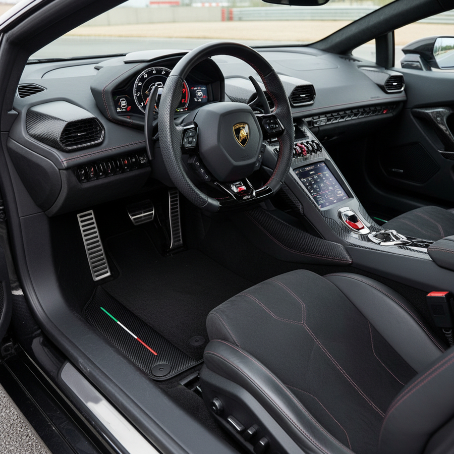 Skreddersydde svarte Bilmatter for Lamborghini Huracan EVO 2019-2024 med karbonfiberlærkanter
