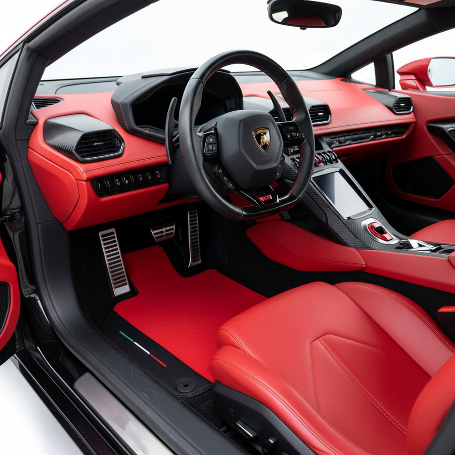 Skreddersydde Røde Bilmatter for Lamborghini Huracan STO med Svart Skinn Rød Søm