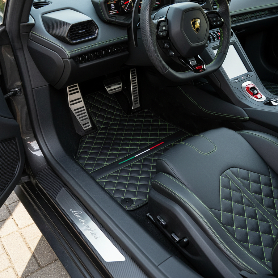 Skreddersydde svarte Bilmatter i lær for Lamborghini Huracan Perfomante | Grønn søm