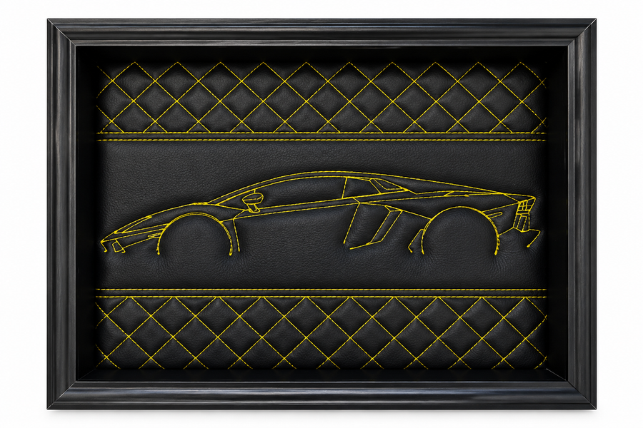 Schwarze Leder Lamborghini Aventador Inspiriert Wandkunst: Gestickte Gelbe Naht