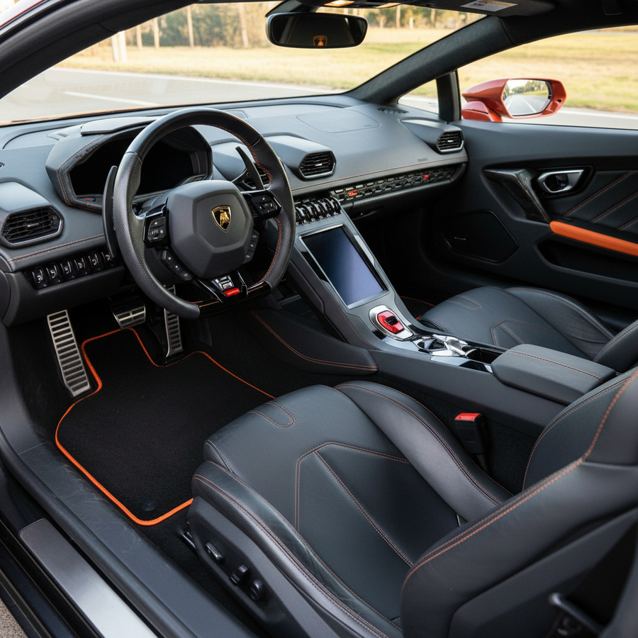 Svarte Bilmatter for Lamborghini Huracan STO med oransje trim