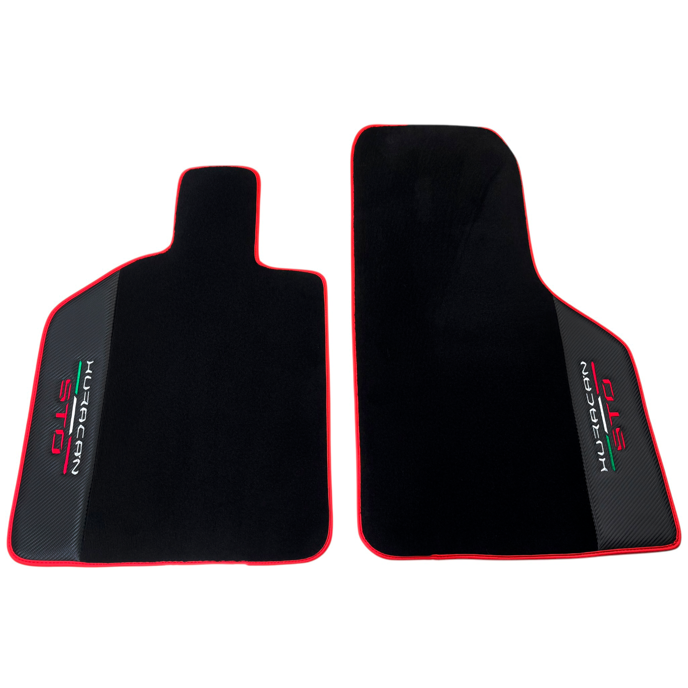 Black Floor Mats for Lamborghini Huracan STO with Carbon Fiber Leather | Red Trim