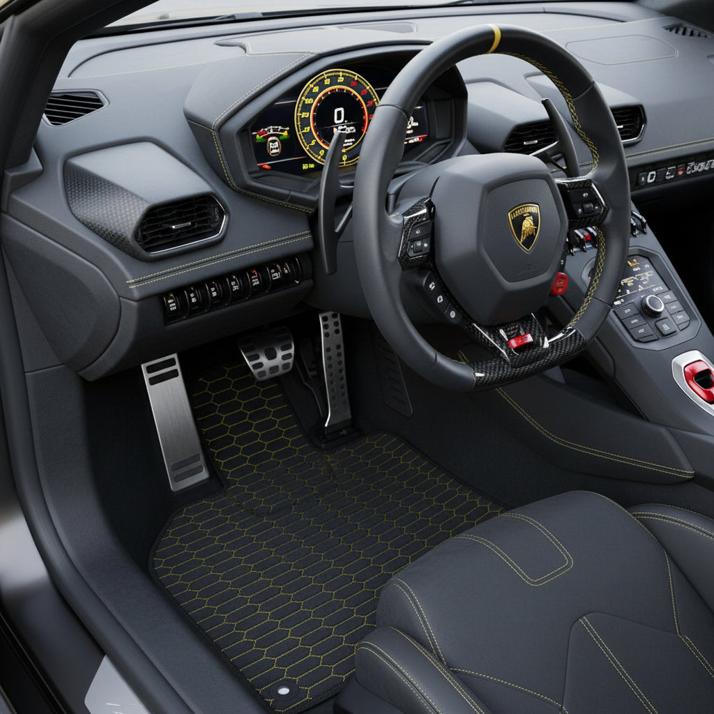 Customizable Leather Floor Mats with Raptor Hex Pattern for Lamborghini Huracan Tecnica (2022-2024)