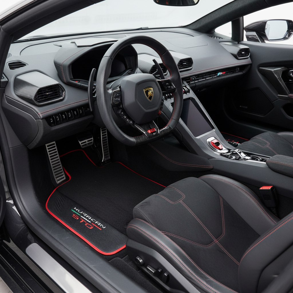 Svart teppemat for Lamborghini Huracan STO | Hvit kant - AutoWin.EU