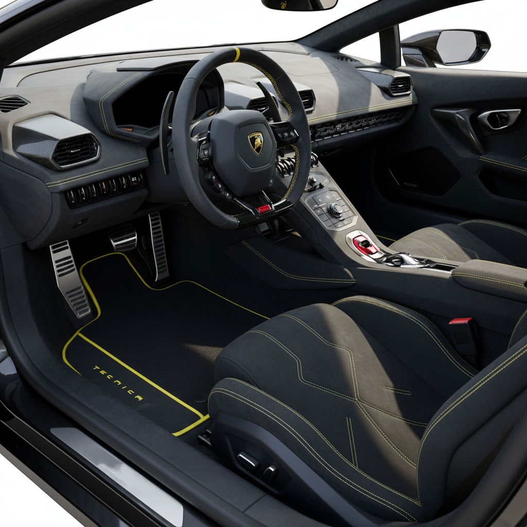Black Floor Mats for Lamborghini Huracan Tecnica | Alcantara Leather Borders
