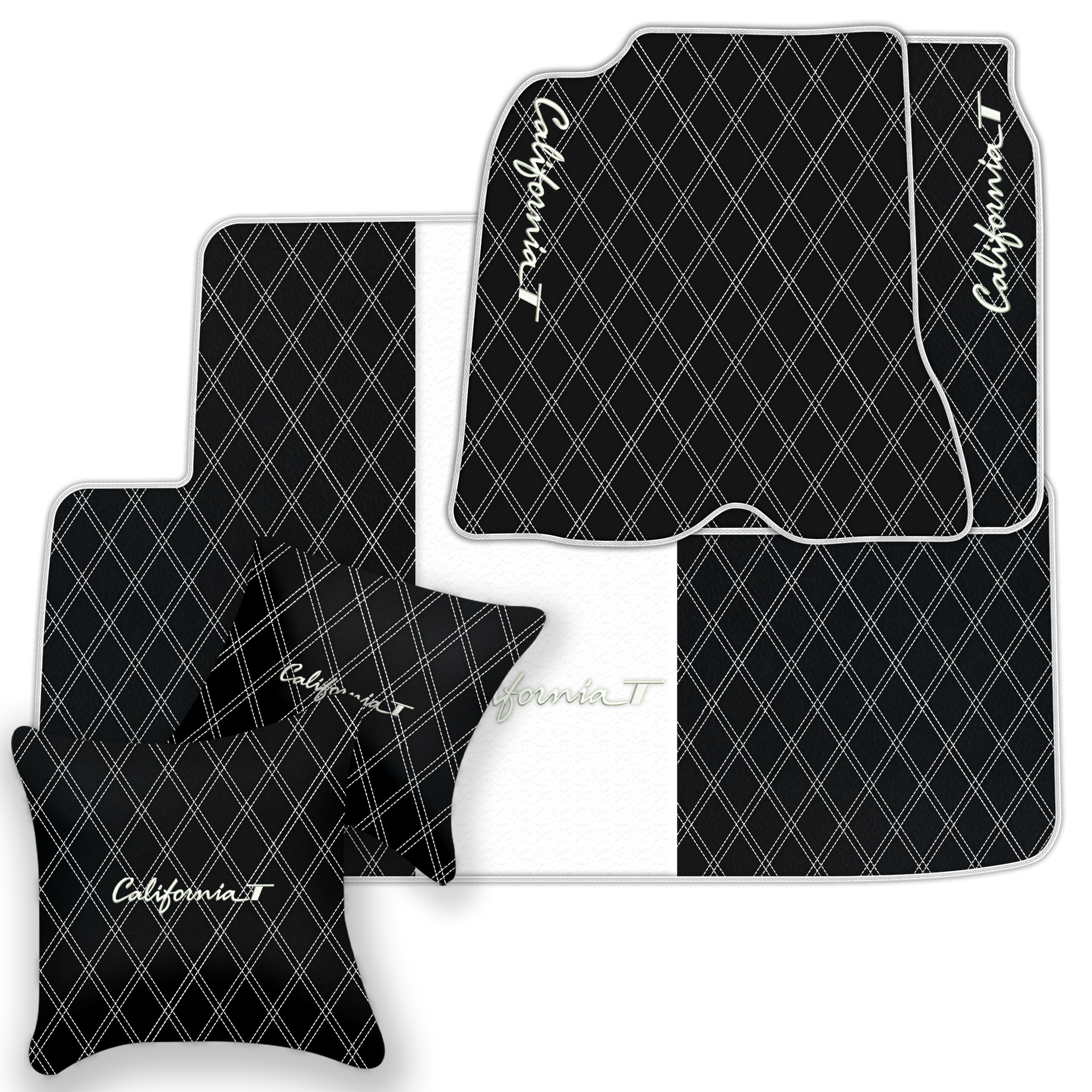 Schwarze Leder-Fußmatten für Ferrari California T (2015-2018) mit Doppelrautenmuster | Komplettset-Option - AutoWin