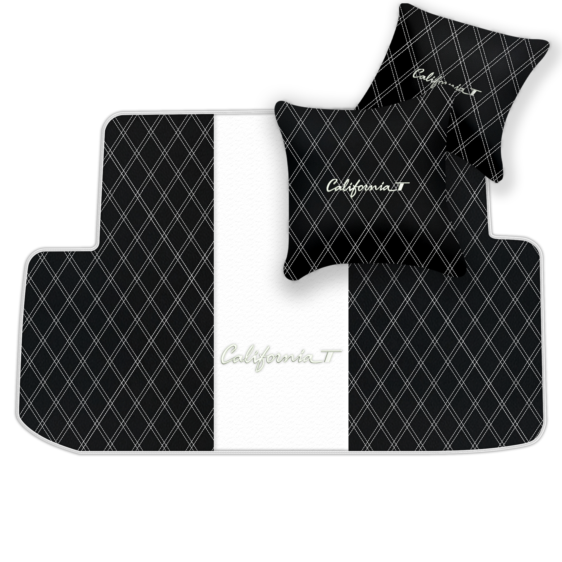 Schwarze Leder-Fußmatten für Ferrari California T (2015-2018) mit Doppelrautenmuster | Komplettset-Option - AutoWin