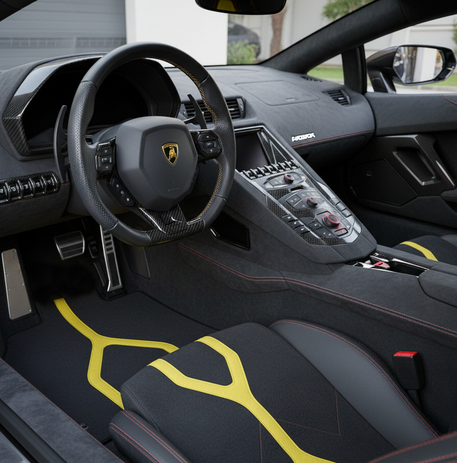 Customizable Floor Mats From Carpet with Leather A56 Pattern for Lamborghini Aventador SVJ