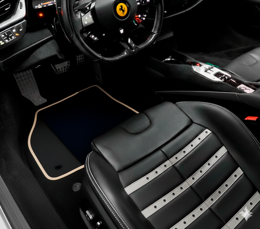Schwarze Fußmatten für Ferrari SF90 Stradale (2019-2024) mit Leder | Beige Einfassung