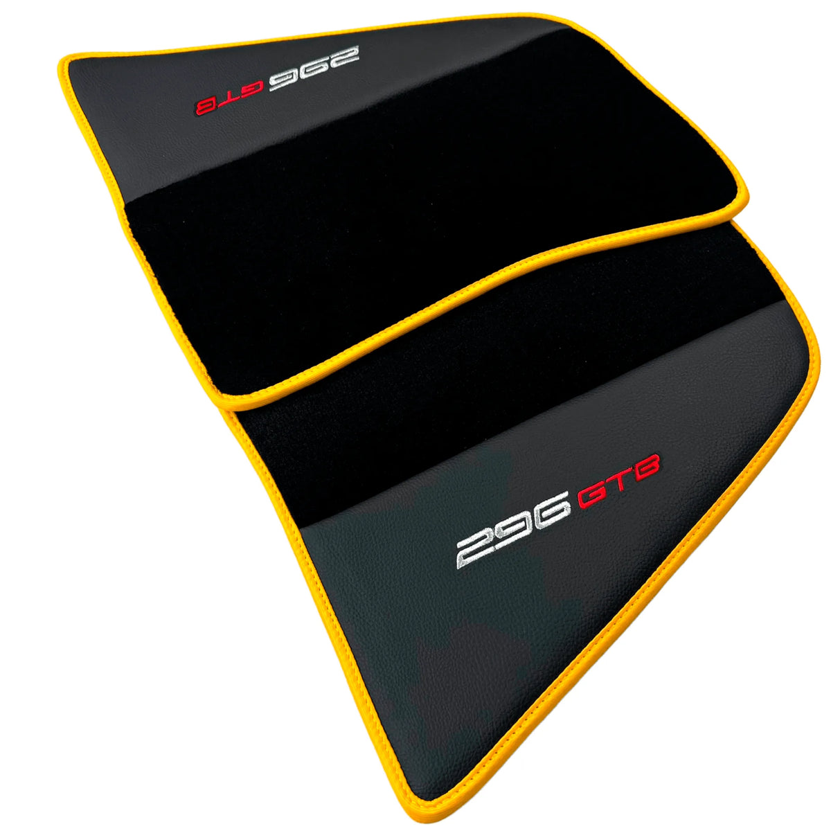 Black Floor Mats for Ferrari 296 GTB (2022-2027) with Leather and Yellow Trim