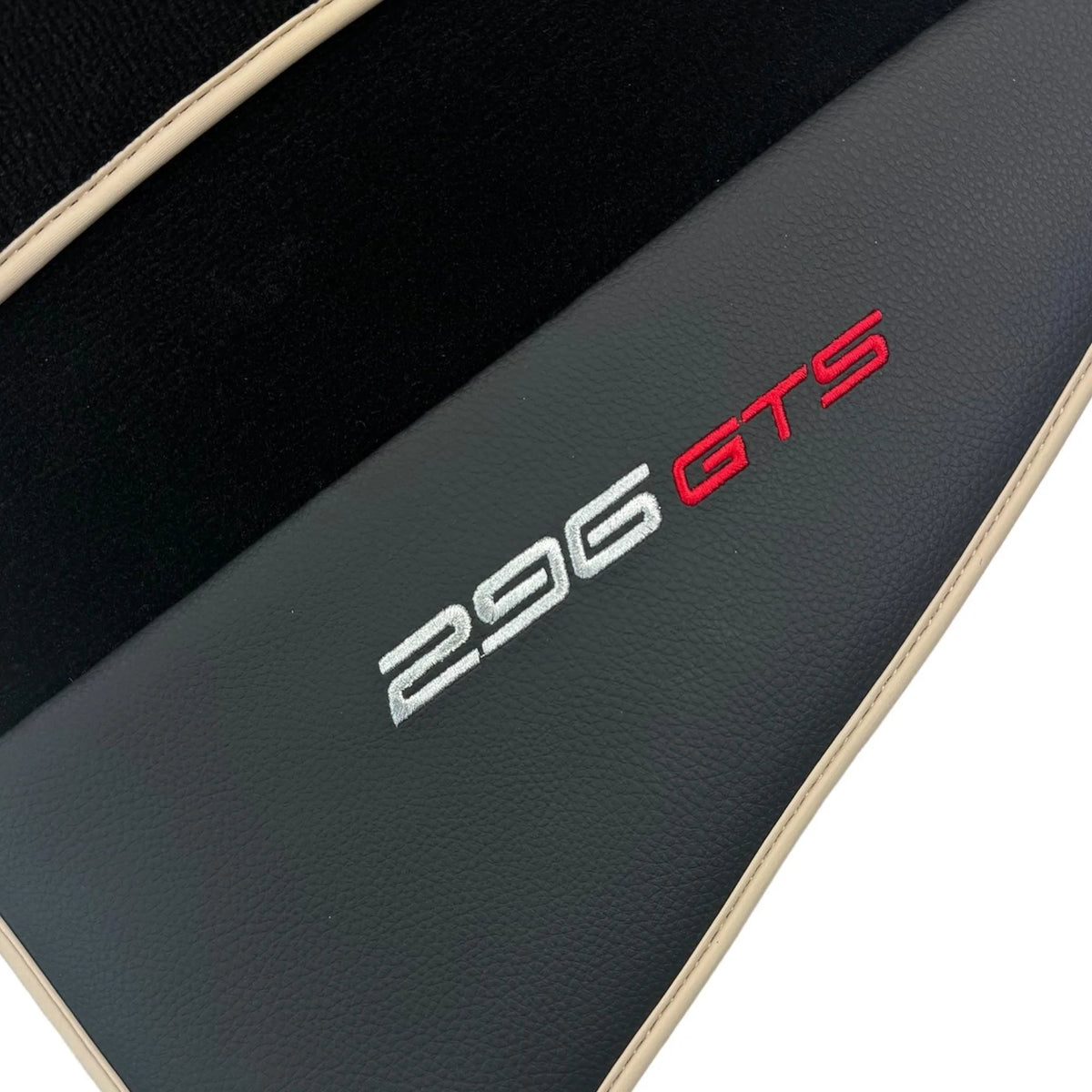 Black Floor Mats for Ferrari 296 GTS (2022-2027) with Leather and Beige Trim - AutoWin