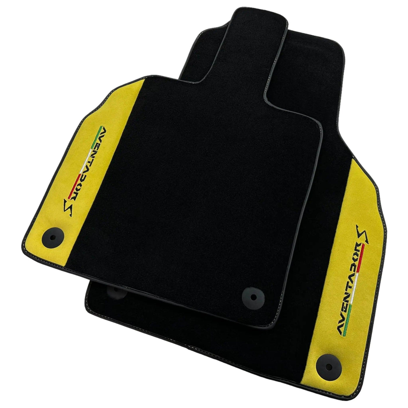 Black Floor Mats for Lamborghini Aventador S with Yellow Alcantara Leather - AutoWin
