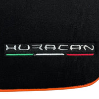 Black Floor Mats for Lamborghini Huracan (2014-2023) with Orange Leather Trim - AutoWin