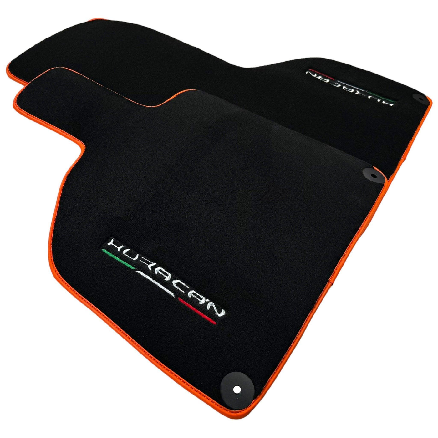 Black Floor Mats for Lamborghini Huracan (2014-2023) with Orange Leather Trim - AutoWin